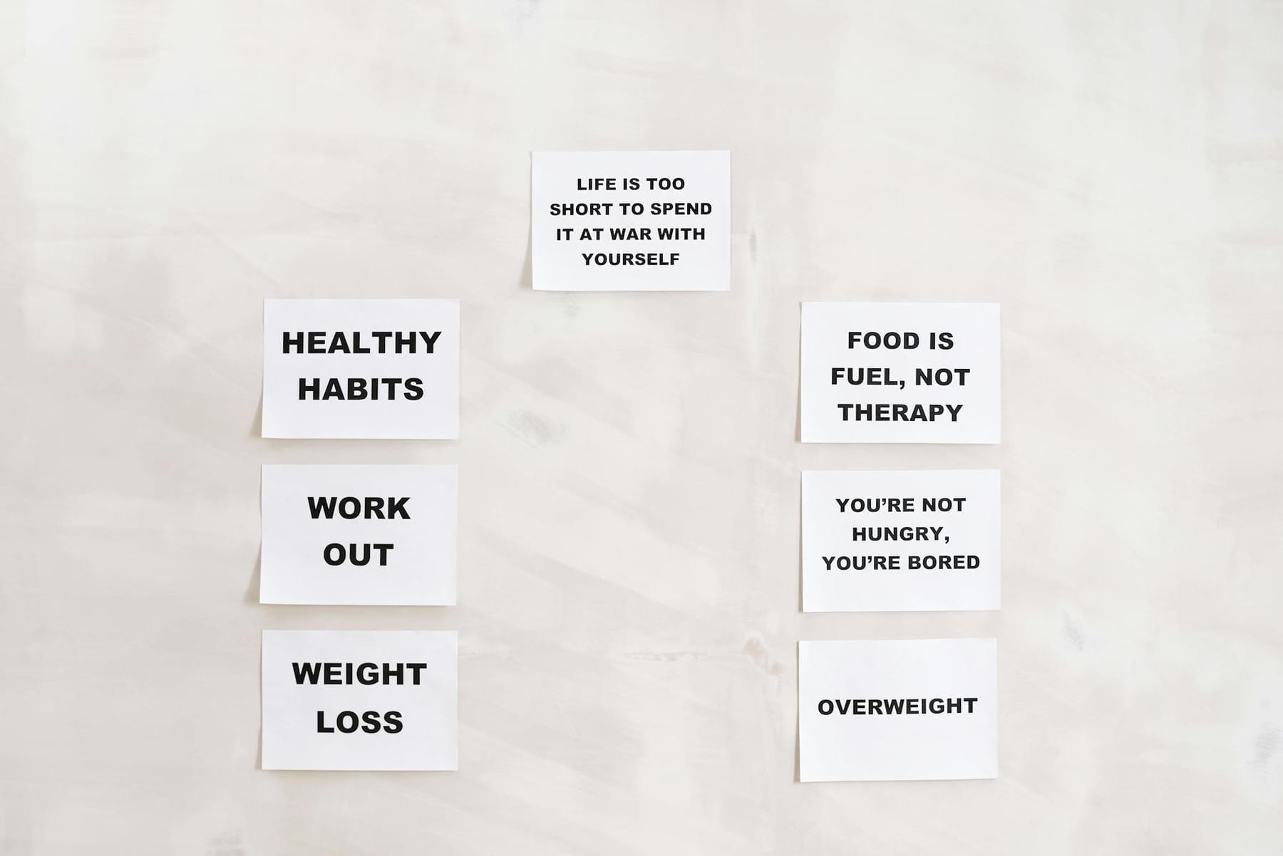 Minimalist display of motivational health and wellness quotes emphasizing healthy habits and weight management. on Think Lean Live Strong