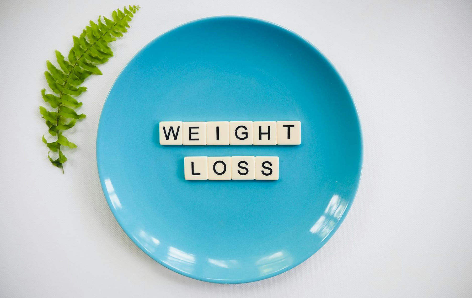 A blue plate with 'weight loss' tiles and a fern leaf on white background. on Think Lean Live Strong